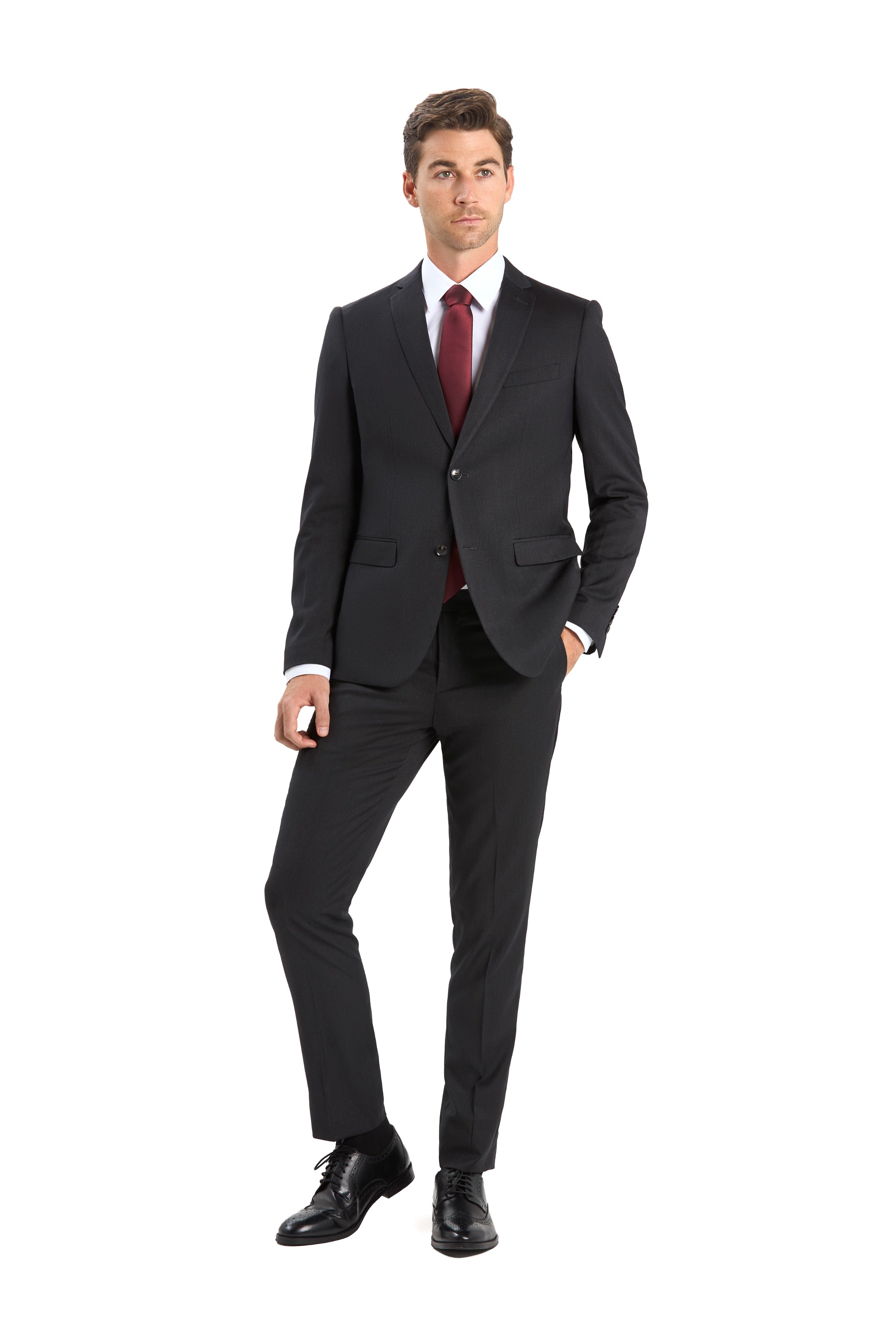 Mens Basic Two Button Slim Fit Wool Suit with Optional Vest in Charcoal Grey, 50 Regular / Charcoal Grey / 2 Piece Mens Basic Two Button Slim Fit Wool Suit with Optional Vest in Charcoal Grey, 50 Regular / Charcoal Grey / 2 Piece