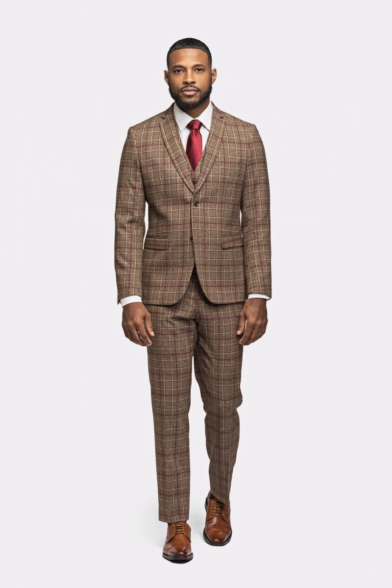 Brown Plaid Suit STATEMENT MANTUA-4 TAN PLAID, TAILORED FIT SUIT
