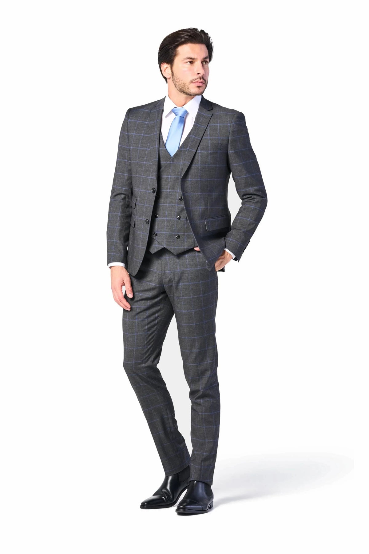 Gray and Periwinkle Blue Window Pane 3 Piece Suit
