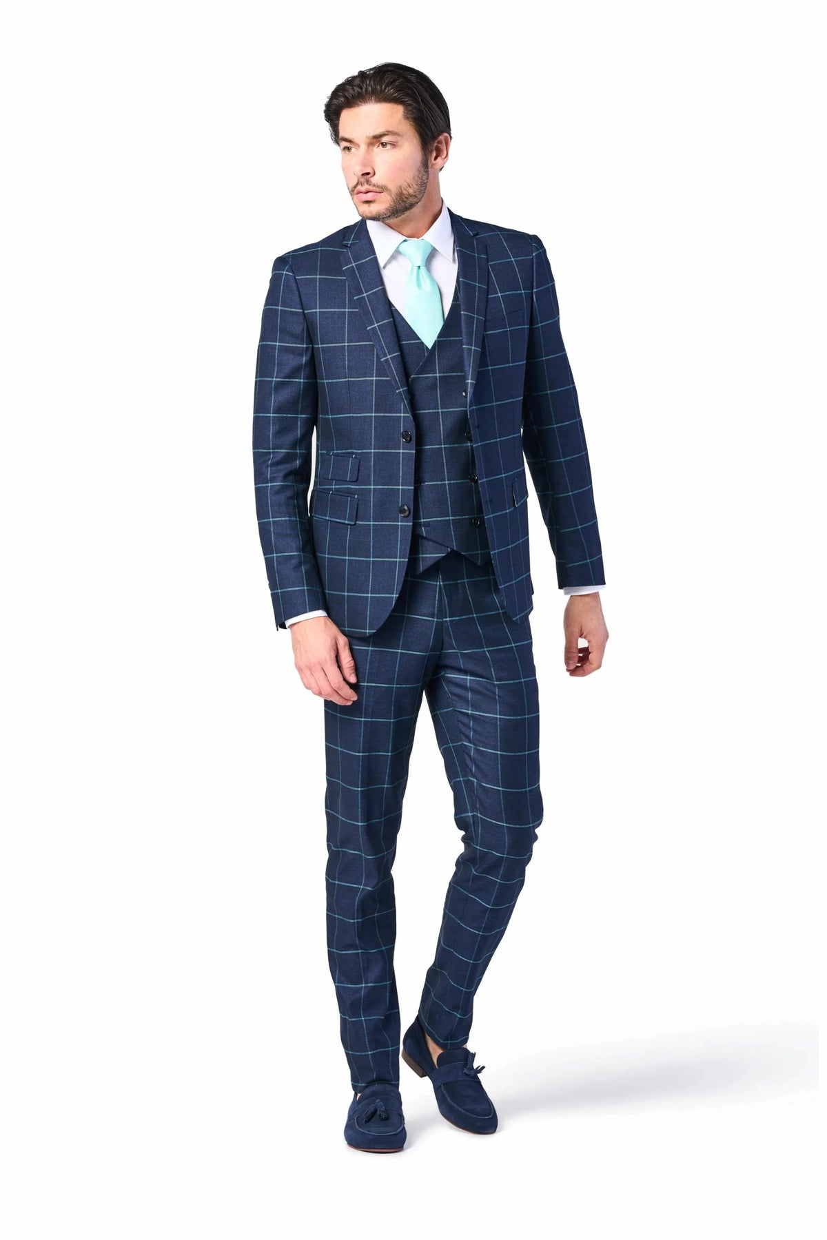 Navy and Teal Window Pane 3 Piece Suit
