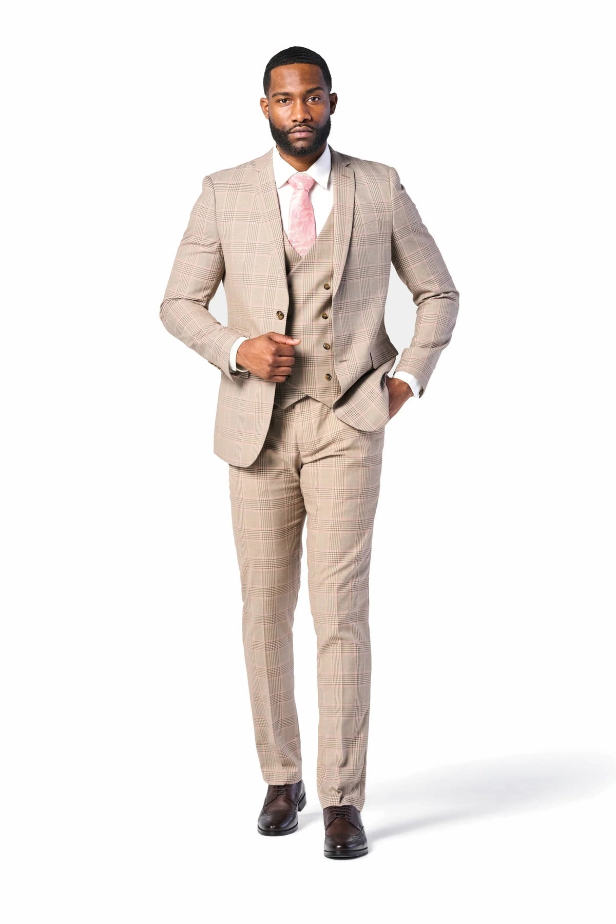 Tan and Pink Plaid 3 Piece Suit