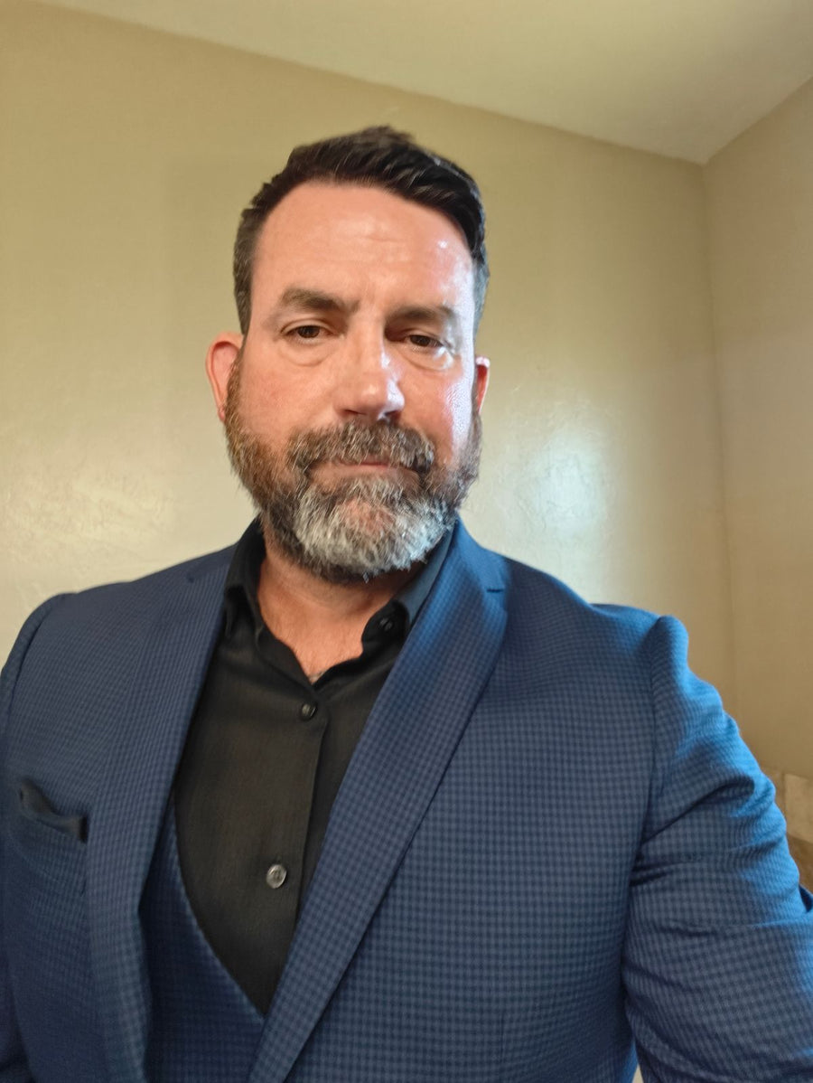 Customer Matthew B. wearing the Blue and Black Mini Check 3 Piece Suit