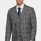 Gray Blue Flannel Plaid 3 Piece Suit