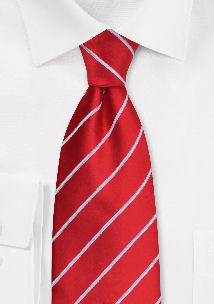 Bright Red and White Narrow Striped Necktie - MenSuits