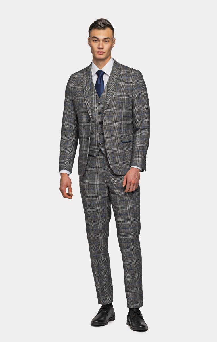 Gray Blue Flannel Plaid 3 Piece Suit - MenSuits