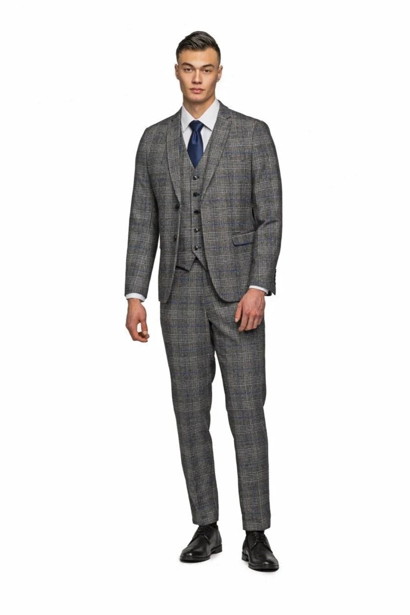 Gray Blue Flannel Plaid 3 Piece Suit - MenSuits