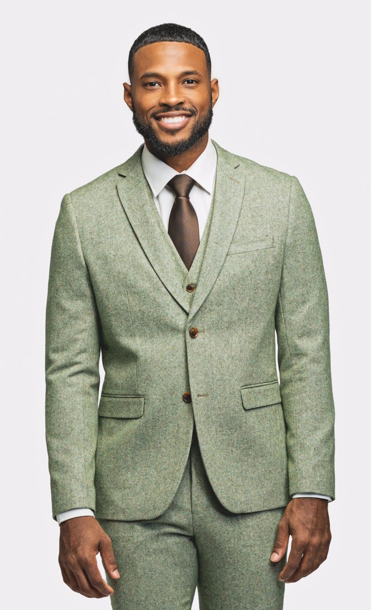 Light Green Tweed 3 Piece Suit, Slim / Long / 38/32