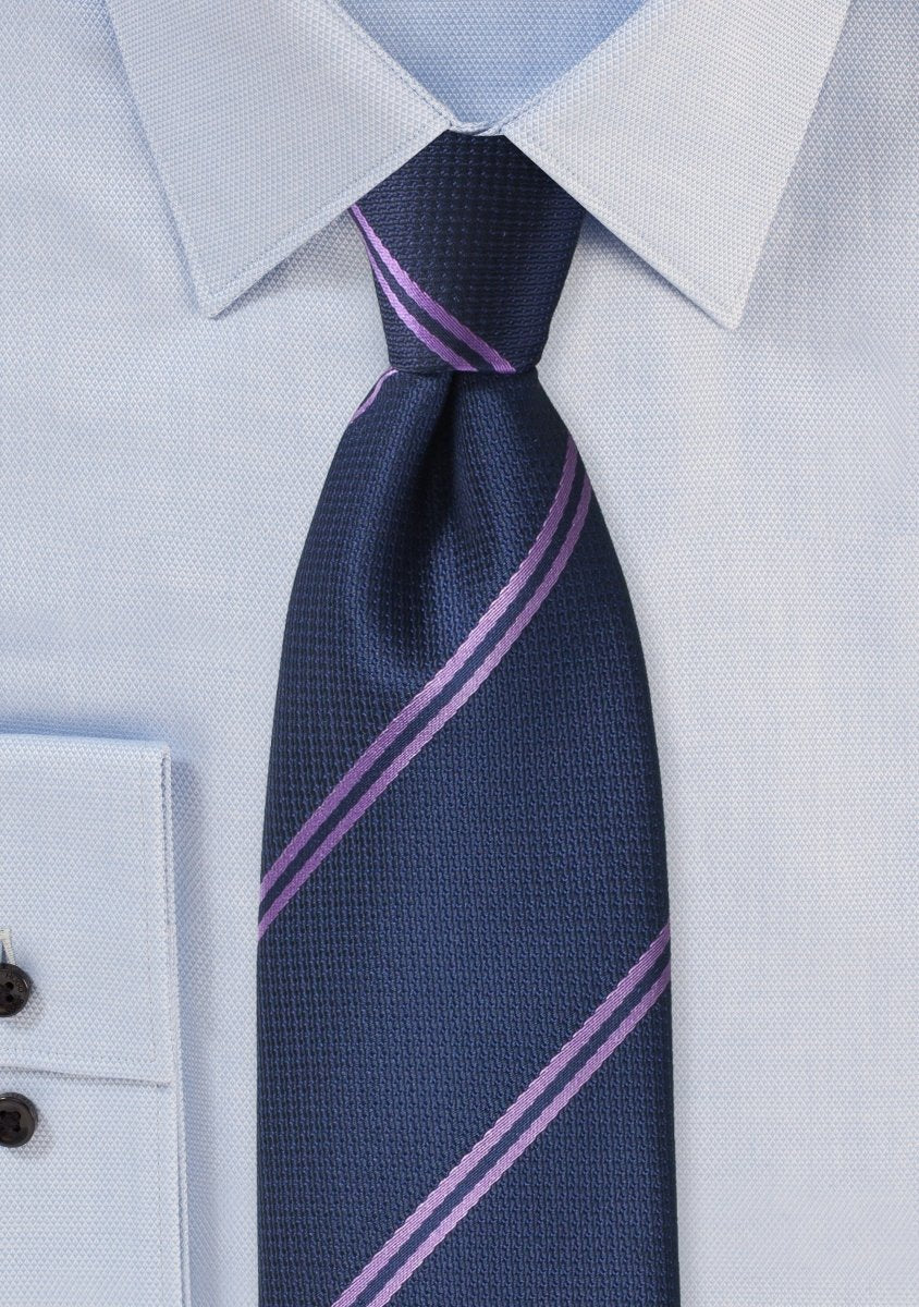 Navy and Lavender Narrow Striped Necktie - MenSuits