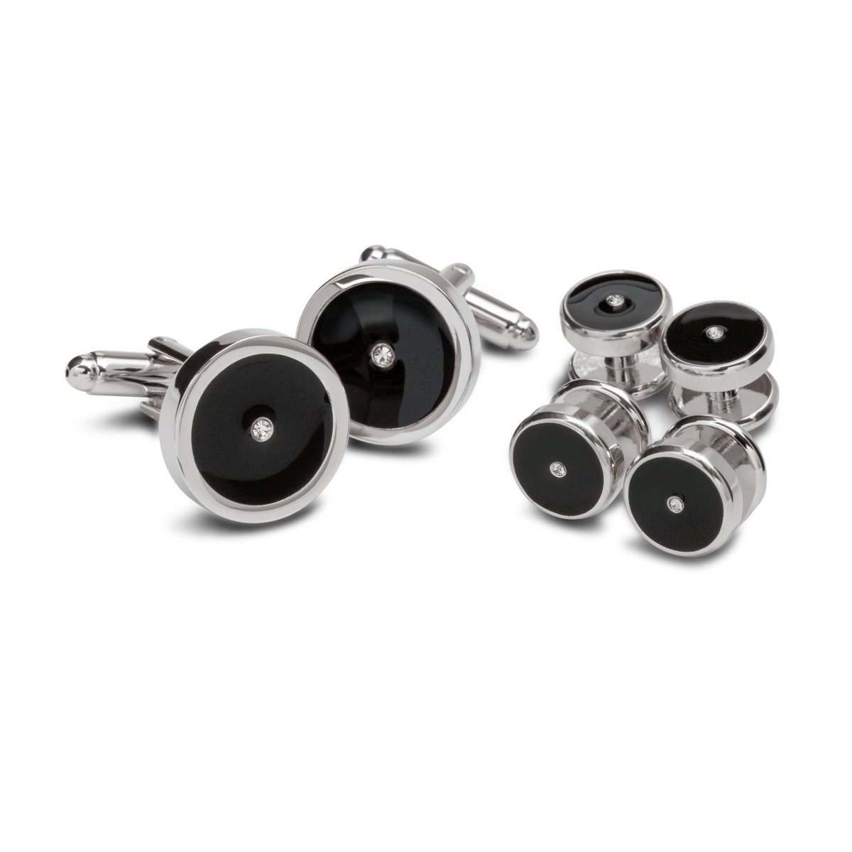 Round Black Crystal Center Cufflinks and Studs - MenSuits
