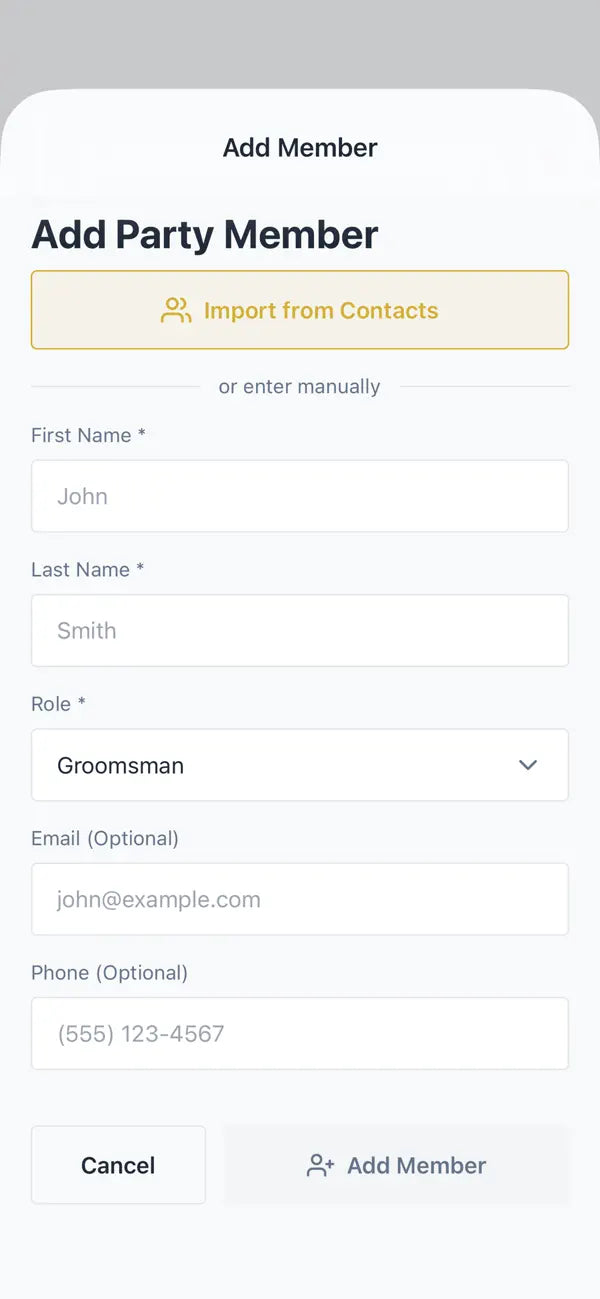 SuitMates example Add Member form for inviting someone to the wedding party