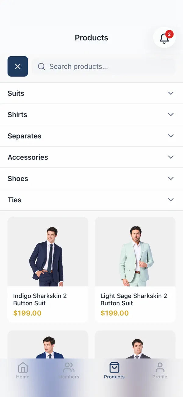 SuitMates example product screen for browsing suits and accessories