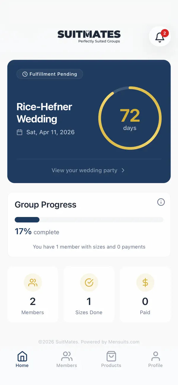 SuitMates example group dashboard showing submitted sizes and payment progress